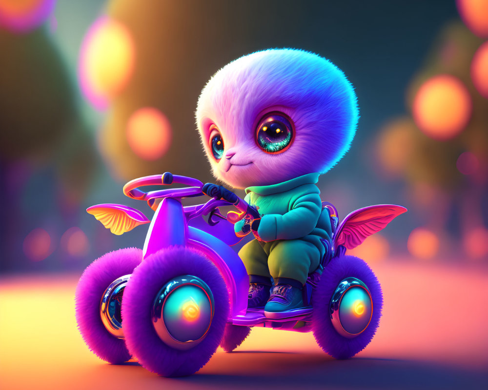 Fluffy creature on purple tricycle in vibrant, dreamy setting