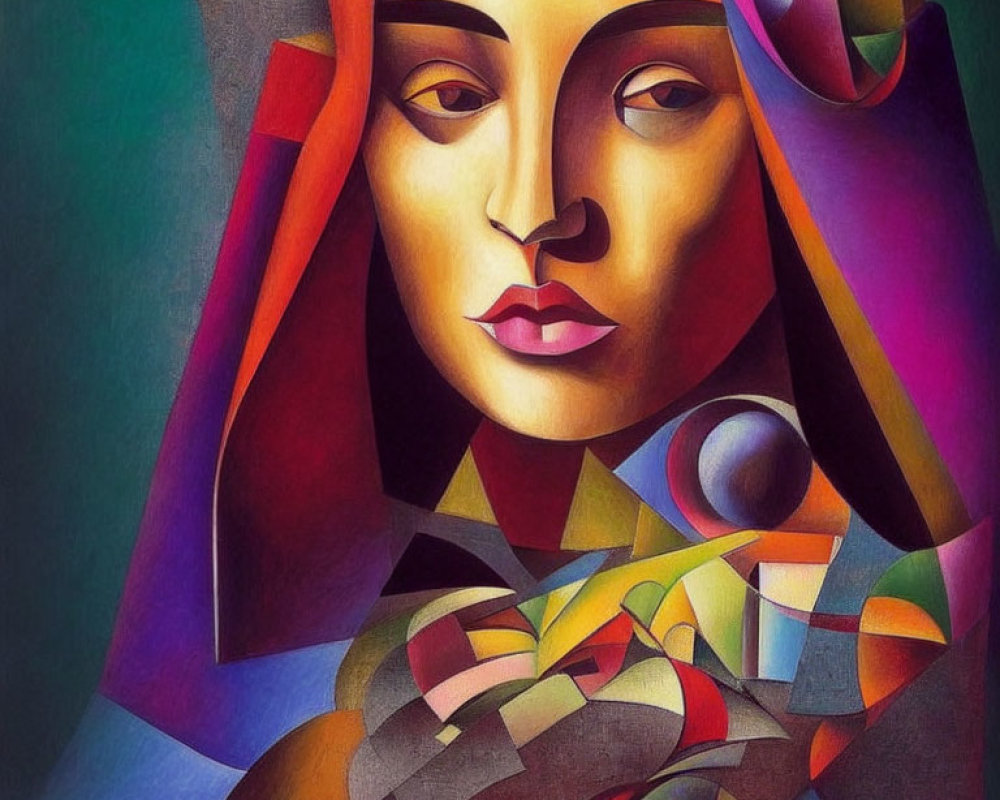 Colorful Cubist Portrait of Woman with Geometric Shapes and Rich Palette