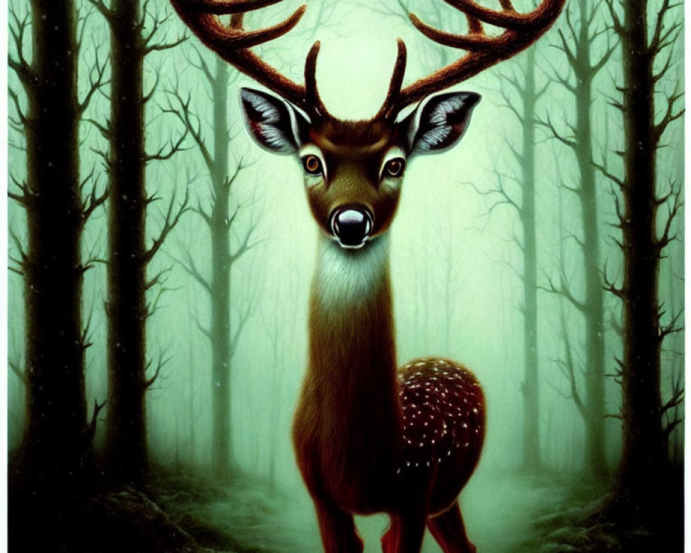 Stylized deer with large antlers in misty forest