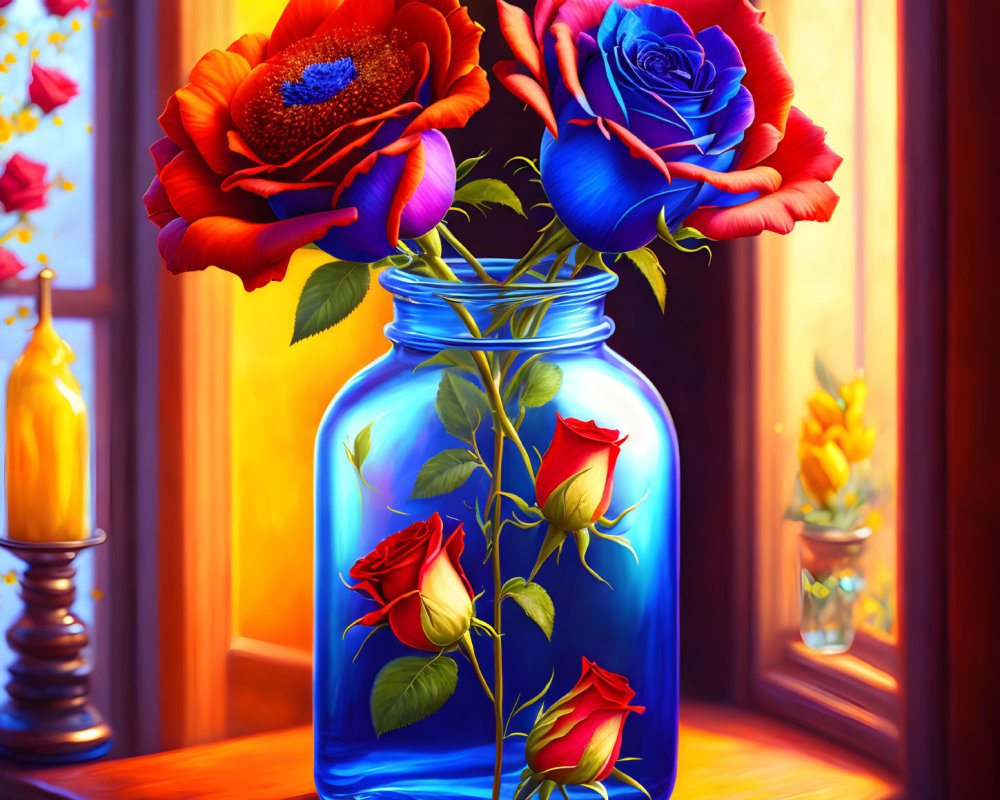 Colorful Roses in Blue Glass Jar on Wooden Surface with Sunlit Window