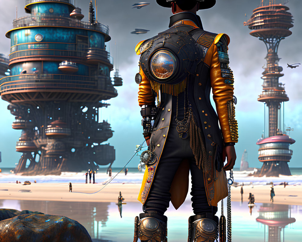 Steampunk outfit with hat and goggles on sandy beach with futuristic towers and flying ships.