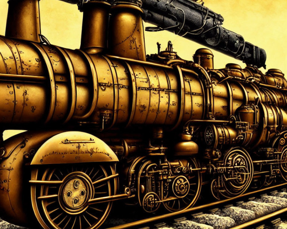 Detailed Steampunk-Style Train Illustration with Golden Hue