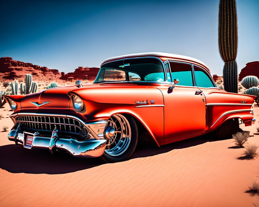 Vintage Orange Car with Chrome Details in Desert Landscape
