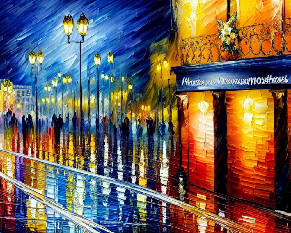 Colorful Impressionist Night Street Scene with Vibrant Reflections