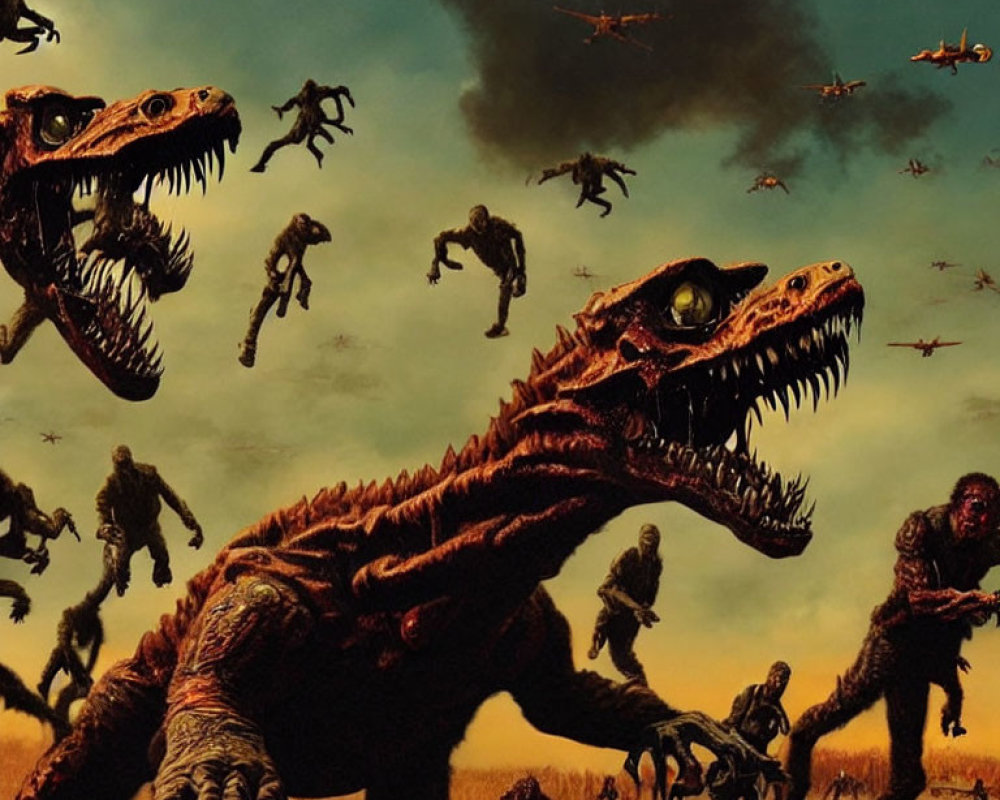 Aggressive dinosaurs chase zombified figures in chaotic scene