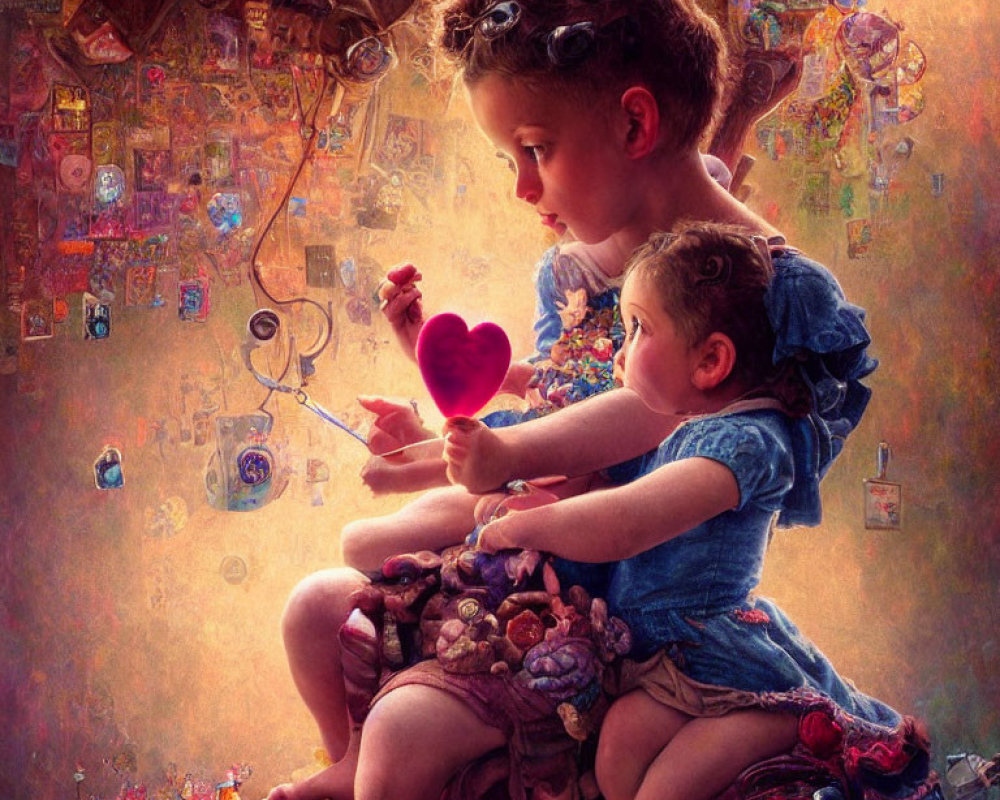 Children with toys and heart-shaped object in playful scene