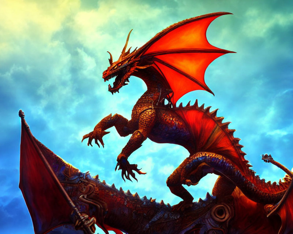 Red-Winged Dragon Roaring in Dramatic Blue Sky