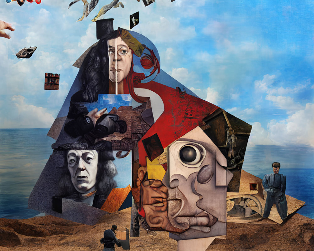 Surreal collage: Isaac Newton portrait with flying books and telescope