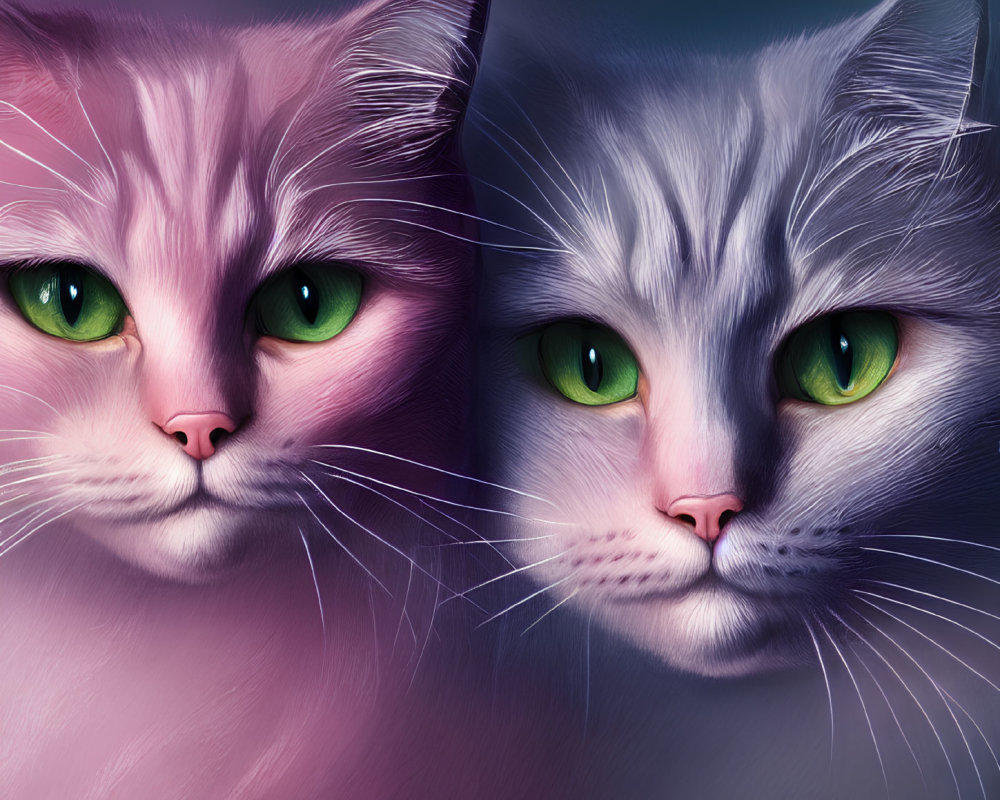 Digital Art: Two Cats with Large Green Eyes and Pink/Grey Fur