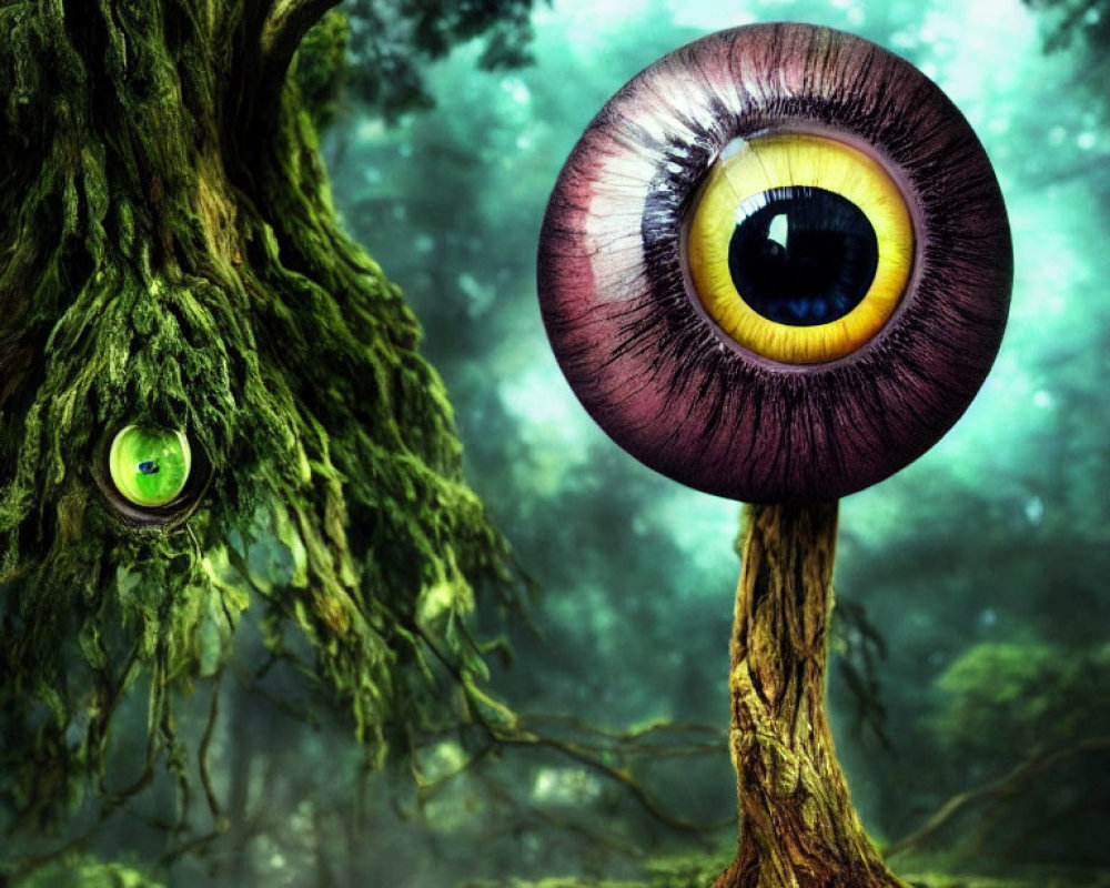 Surreal forest scene with giant eye on tree-like structure