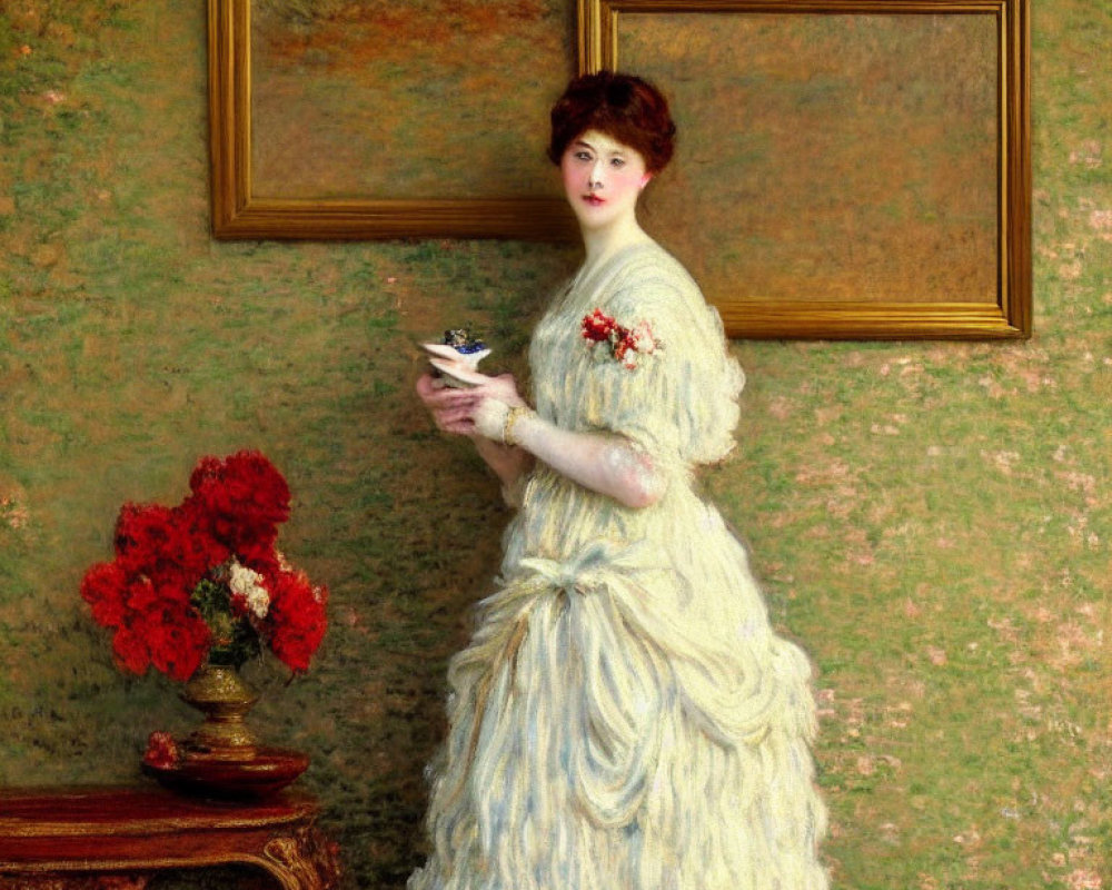 Woman in Blue Gown with Tea Cup and Red Flowers Table