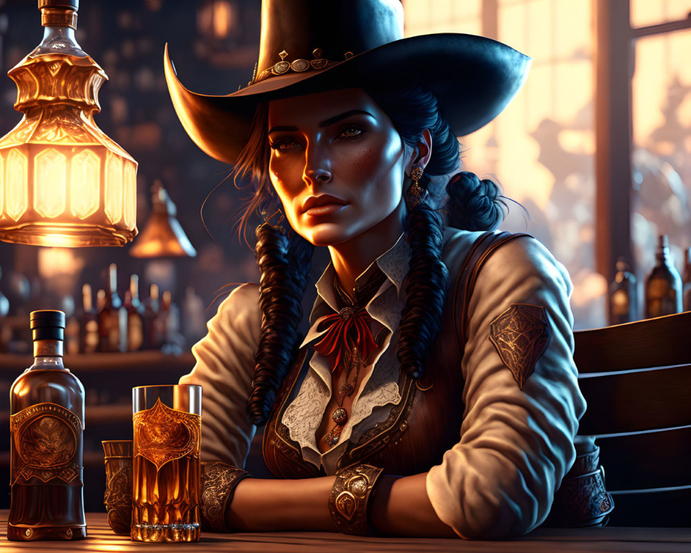 Digital artwork: Woman in cowboy hat at bar with whiskey bottle and vintage lamp