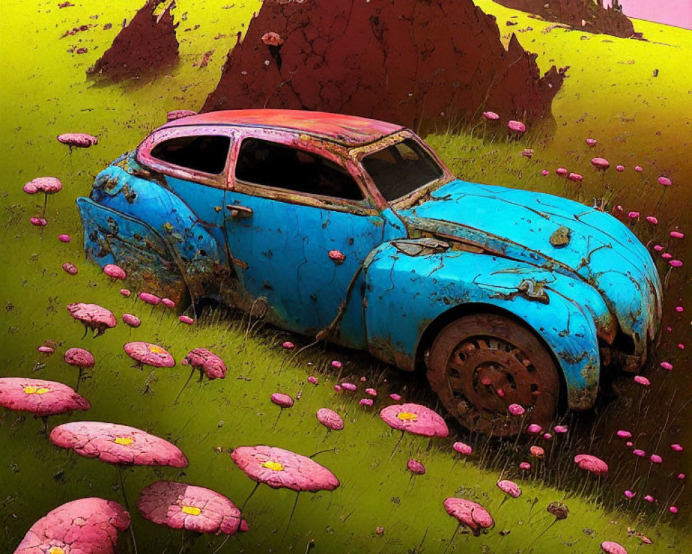 Abandoned blue car in vibrant field with pink flowers under surreal purple sky