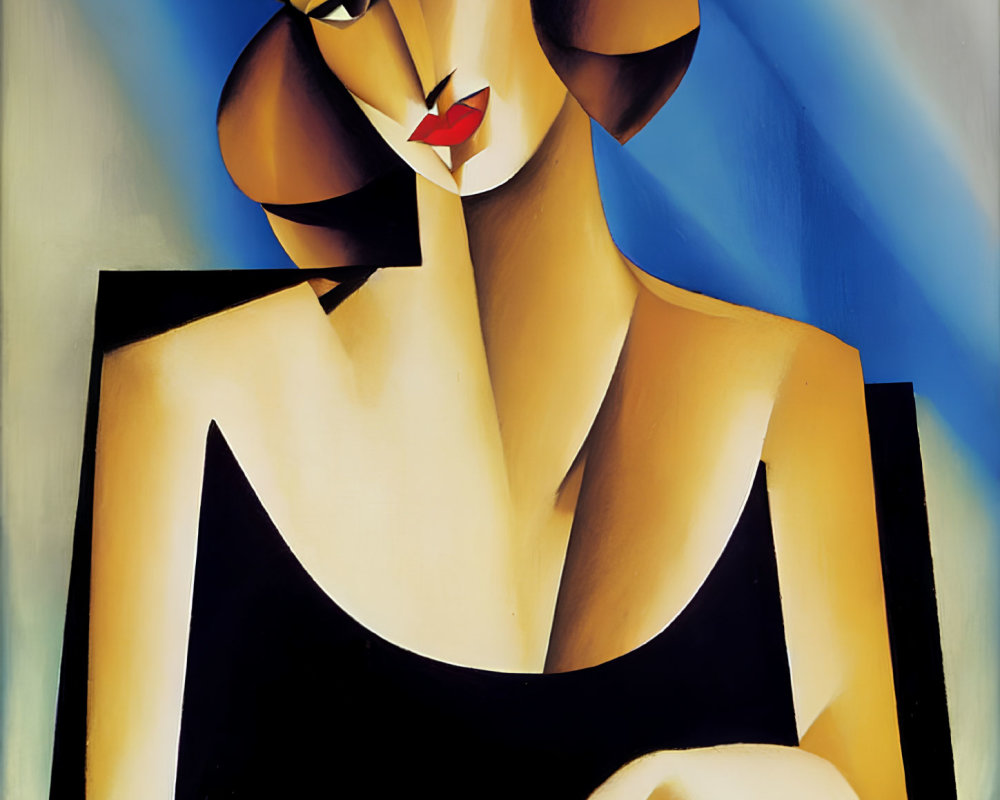 Geometric Modernist Portrait in Blues, Blacks, and Yellows