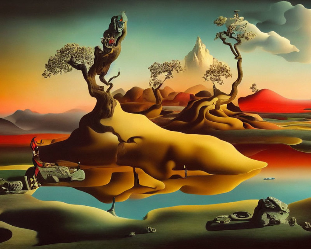 Distorted surreal landscape with melting objects and figures in desert setting