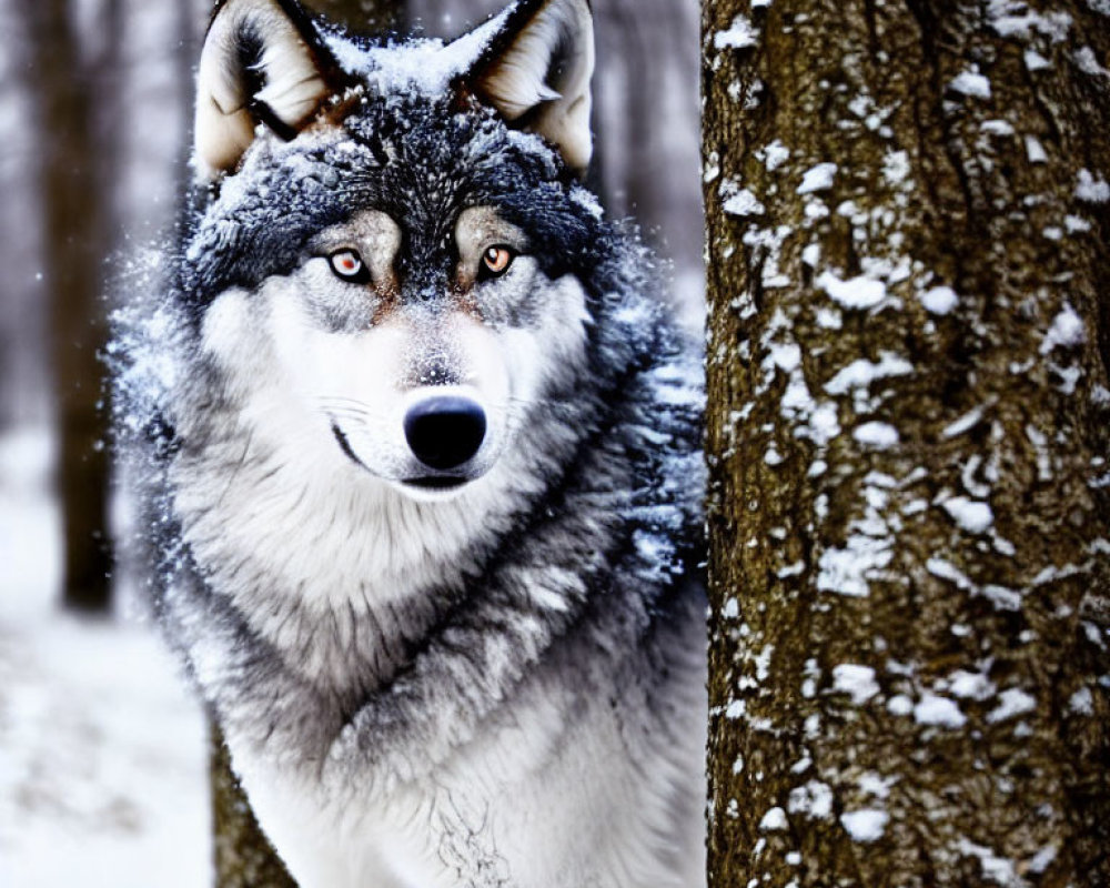 Striking-eyed wolf in snowy winter forest