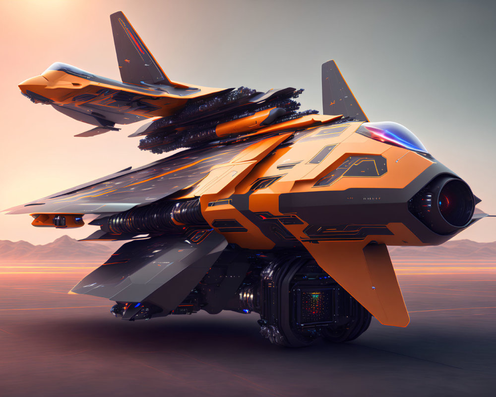 Sleek orange and gray spacecraft on desert terrain at dusk