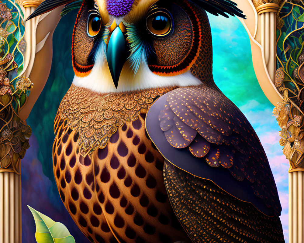 Colorful Owl Illustration with Intricate Patterns and Rich Colors