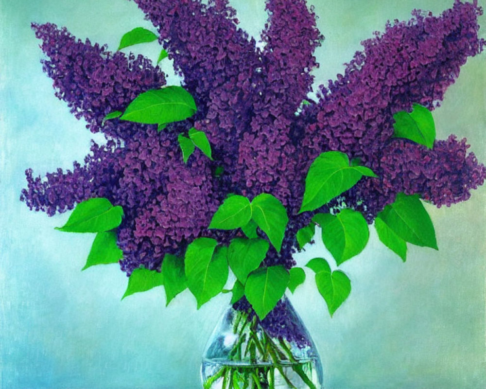 Purple Lilacs in Clear Vase on Vibrant Background