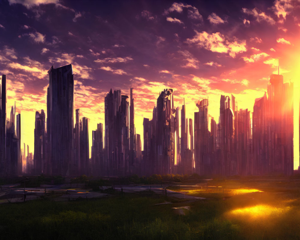 Futuristic cityscape with skyscrapers at sunset