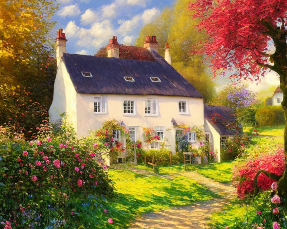 White Thatched Roof Cottage in Lush Garden with Red Tree and Sunlit Pathway