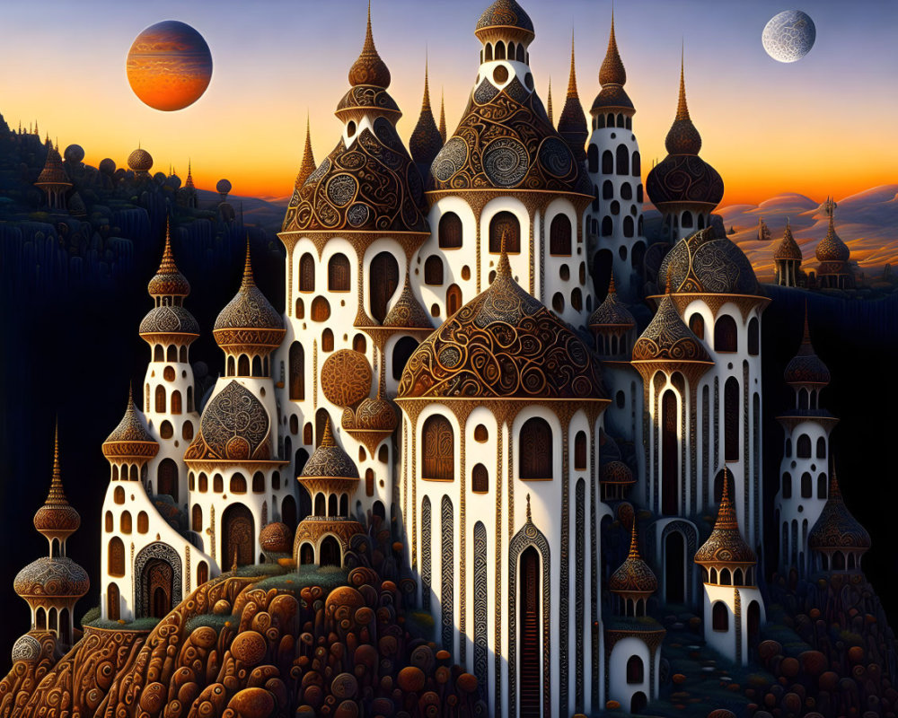 Fantasy landscape featuring castle-like buildings, two moons, and rolling hills.