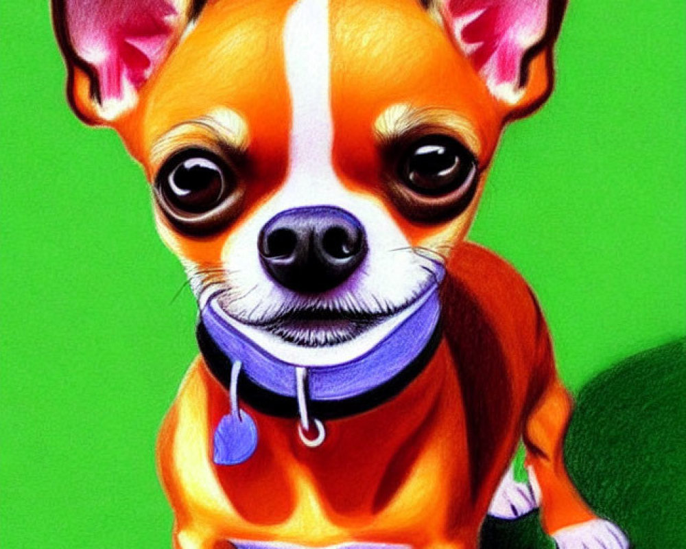 Vibrant Chihuahua Illustration with Big Eyes on Green Background