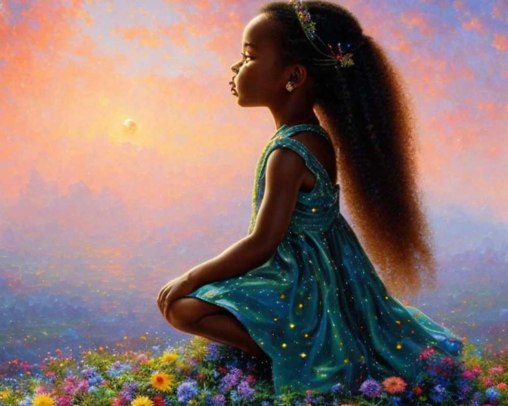 Young girl surrounded by vibrant wildflowers at sunset