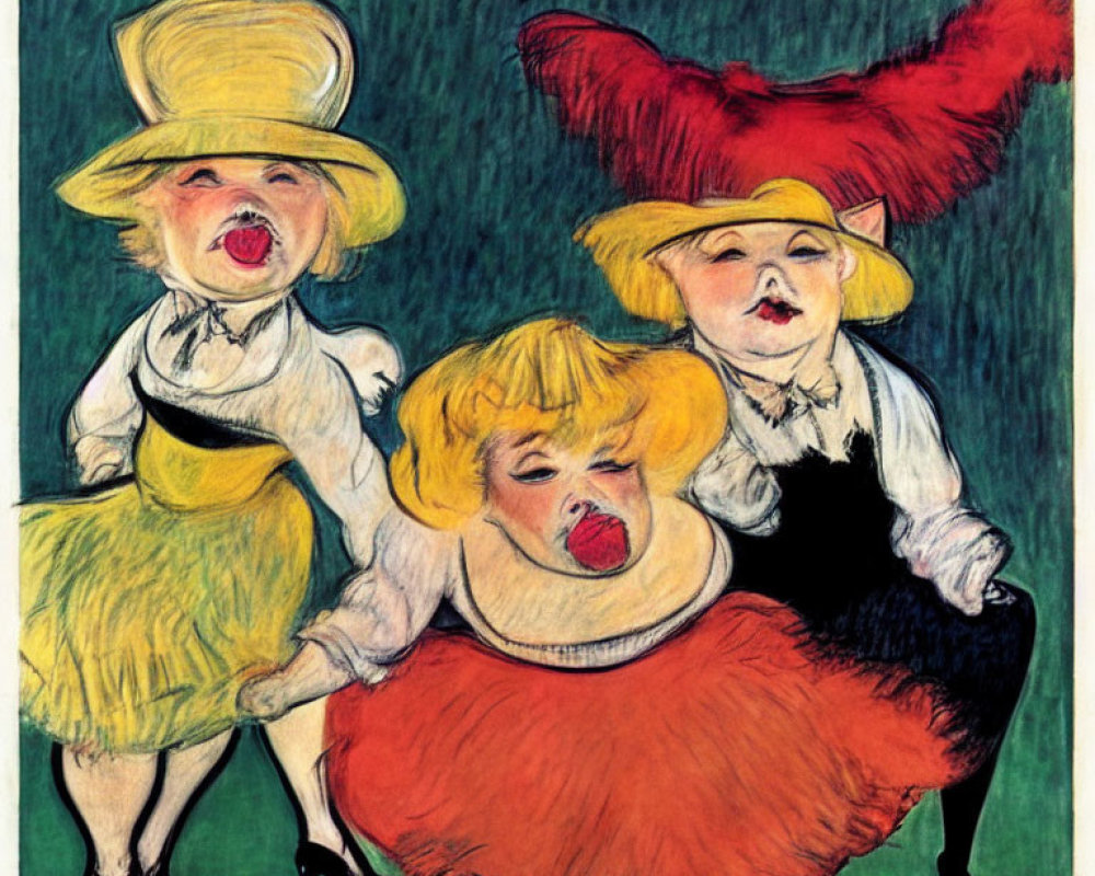 Colorful Caricature of Three Women Singing in Hats on Green Background