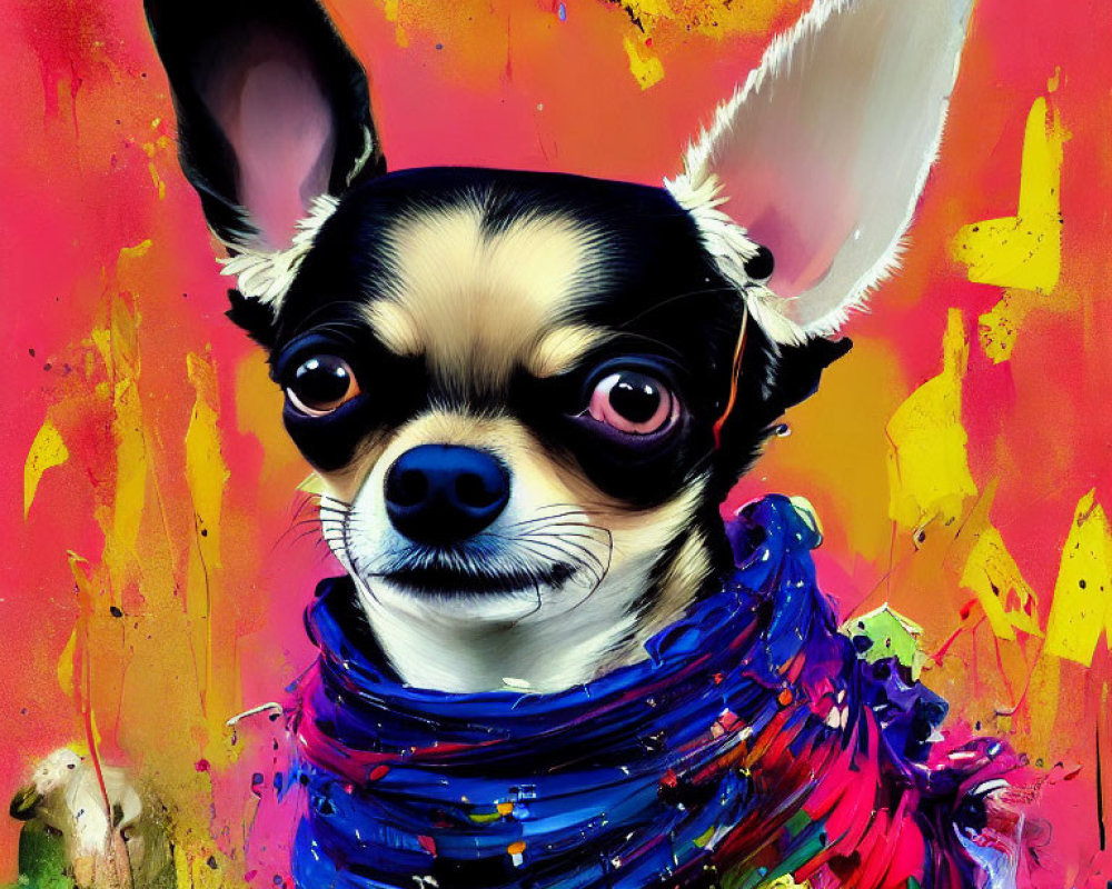 Vibrant Chihuahua portrait with scarf on colorful background