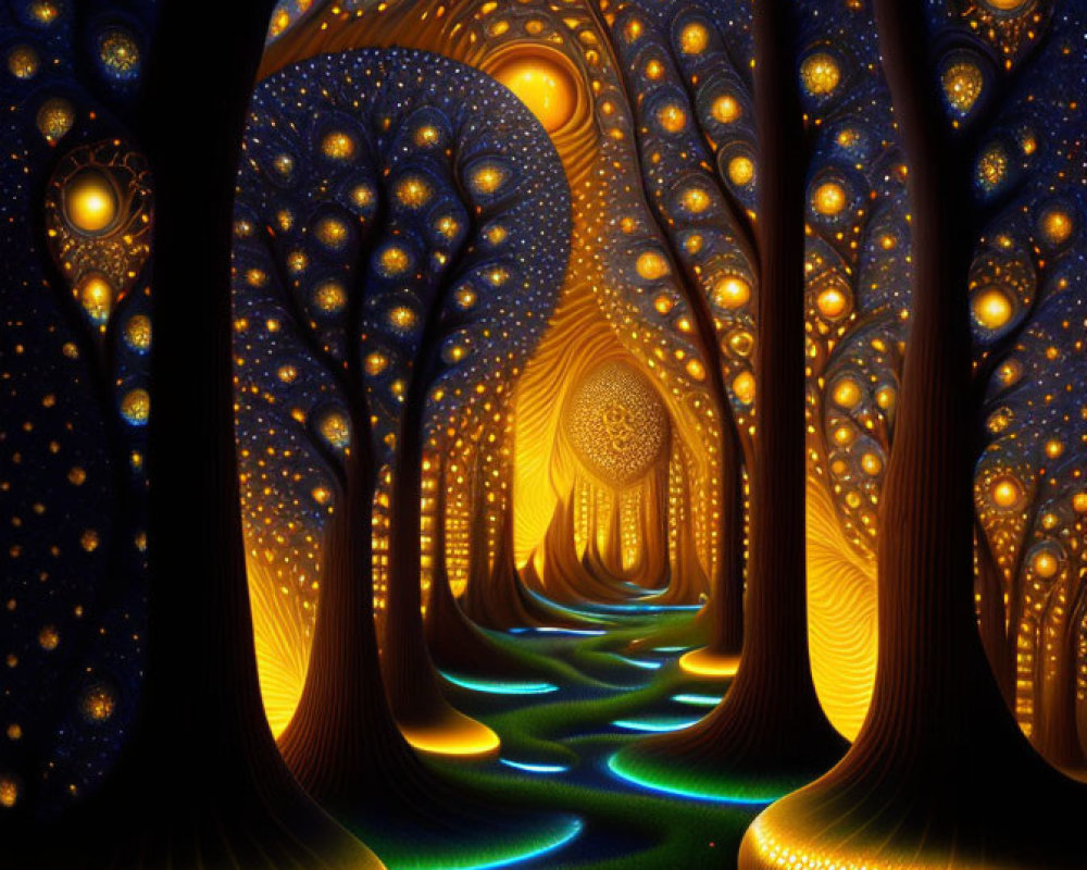 Enchanted forest digital artwork with glowing trees and mystical path