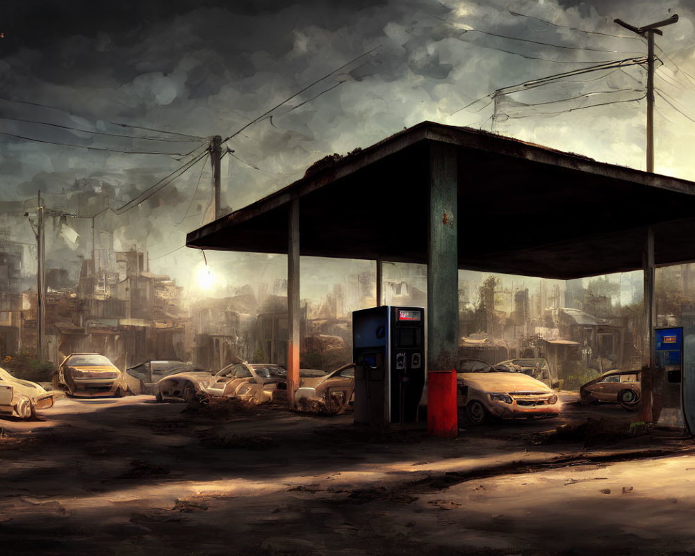 Desolate post-apocalyptic gas station with abandoned cars under gloomy sky