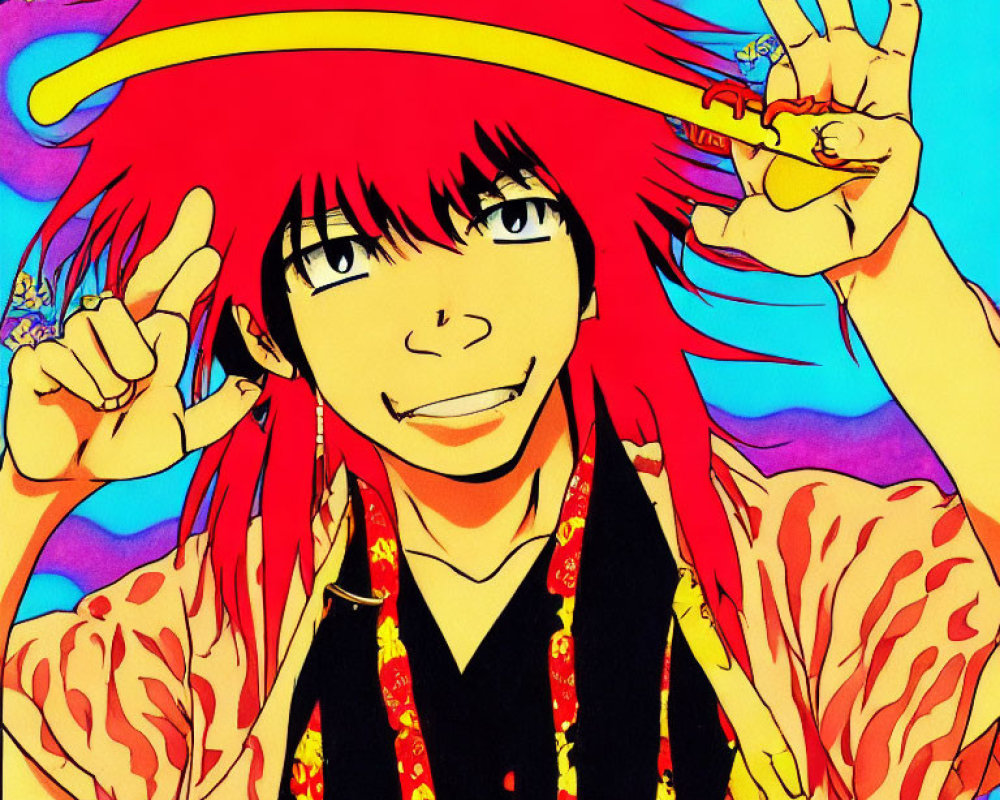 Red-Haired Animated Character Holding Peace Sign in Floral Background