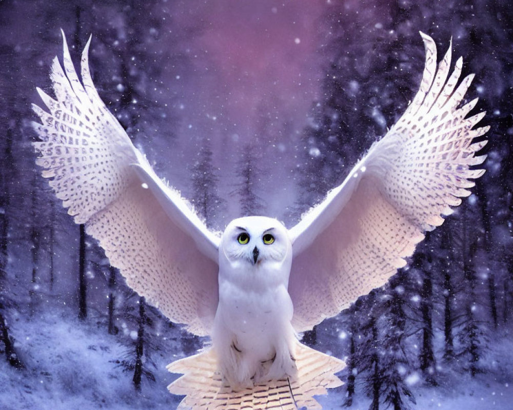 Snowy owl soaring with wide wings in twilight winter forest scene