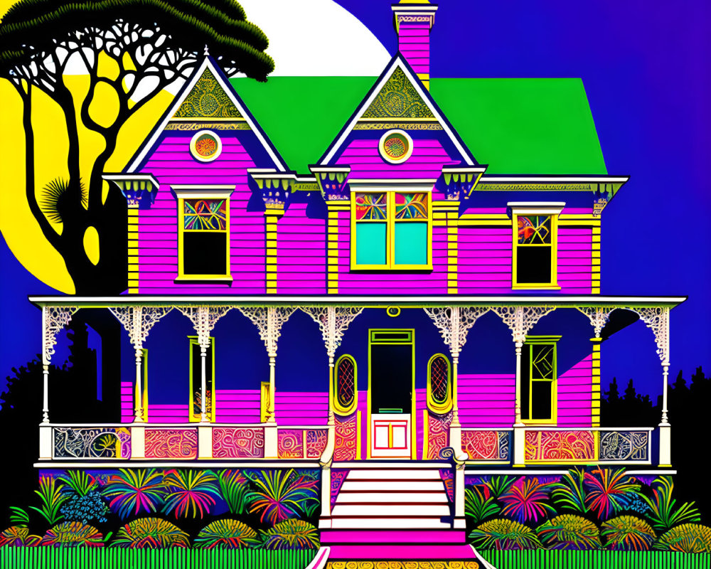 Victorian house with pink walls and green roof under purple sky