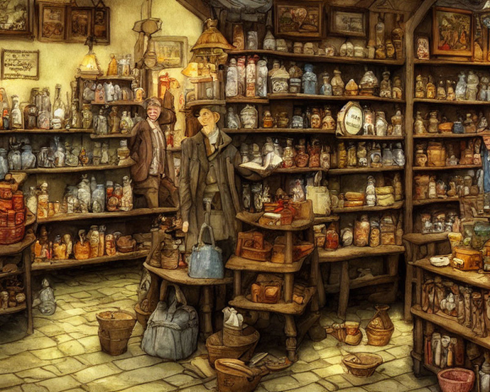 Detailed Illustration of Old-Time Apothecary Shop patrons exploring shelves filled with bottles and jars