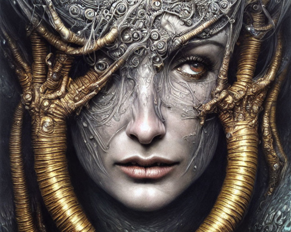 Detailed Artwork: Person with Futuristic Metallic Headpiece & Mechanical Elements