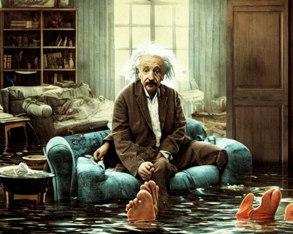 Whimsical digital artwork: Einstein-like man on submerged couch with swimming fish