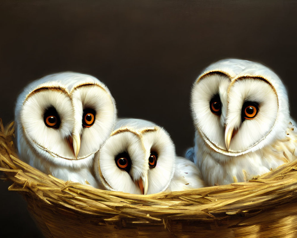 Three barn owls perched closely in woven basket on dark background