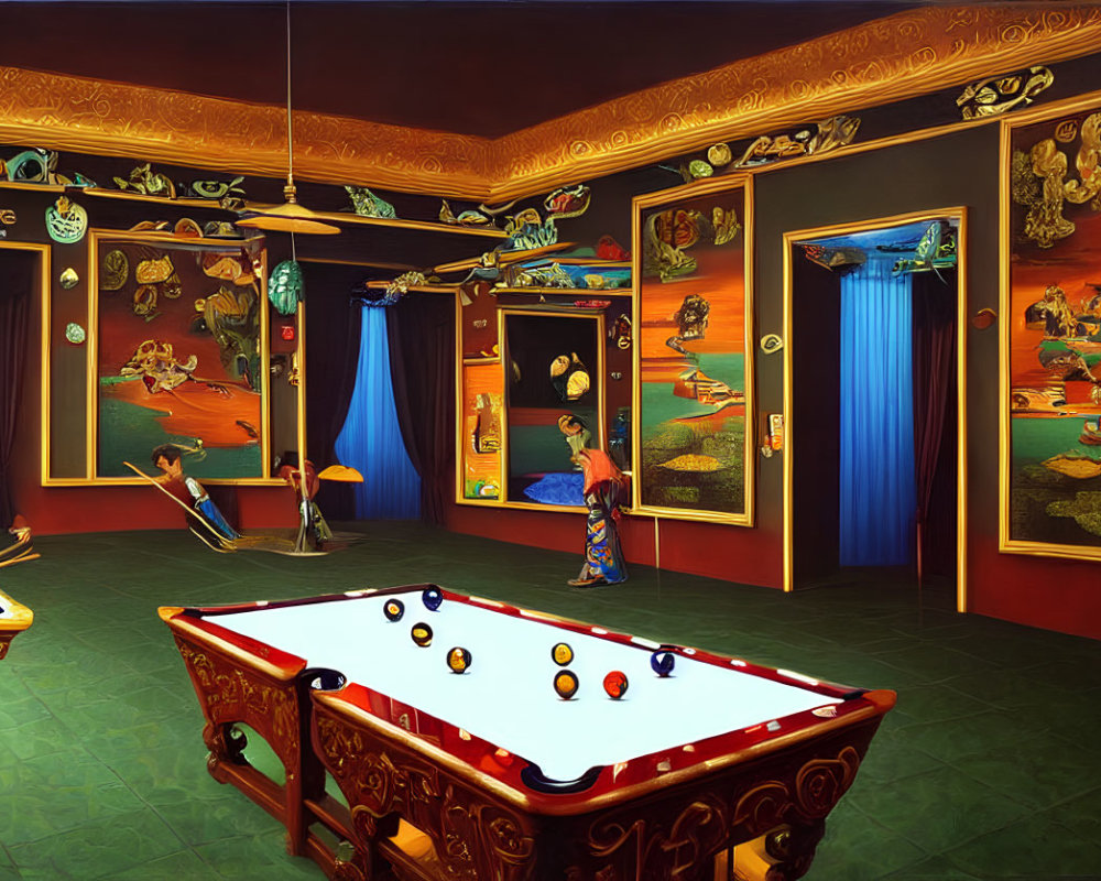 Ornate billiards room with floating objects and players