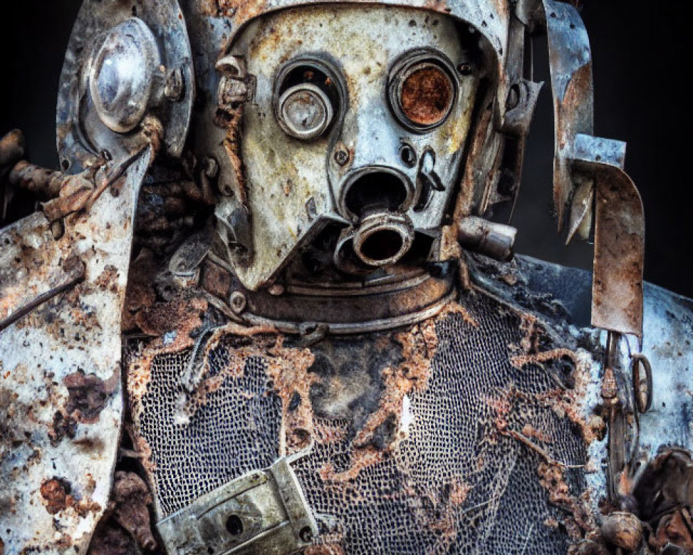 Weathered robot head with visible gears and mesh on dark background