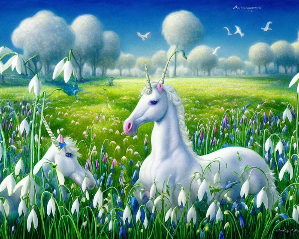 Illustration of white unicorns in vibrant flower field and serene sky