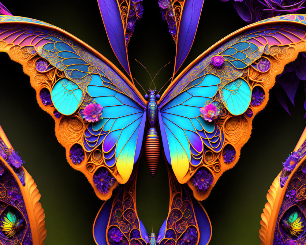 Colorful Stylized Butterfly Artwork with Vibrant Blue, Orange, and Purple Patterns