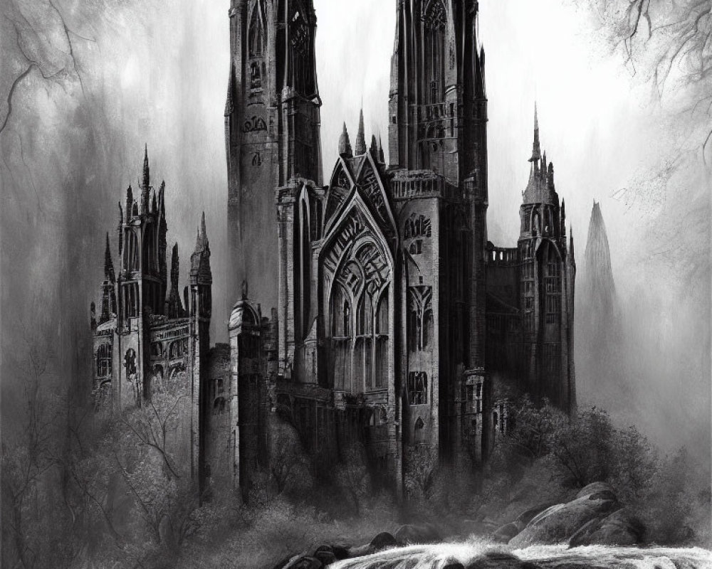 Monochrome gothic castle in misty forest landscape