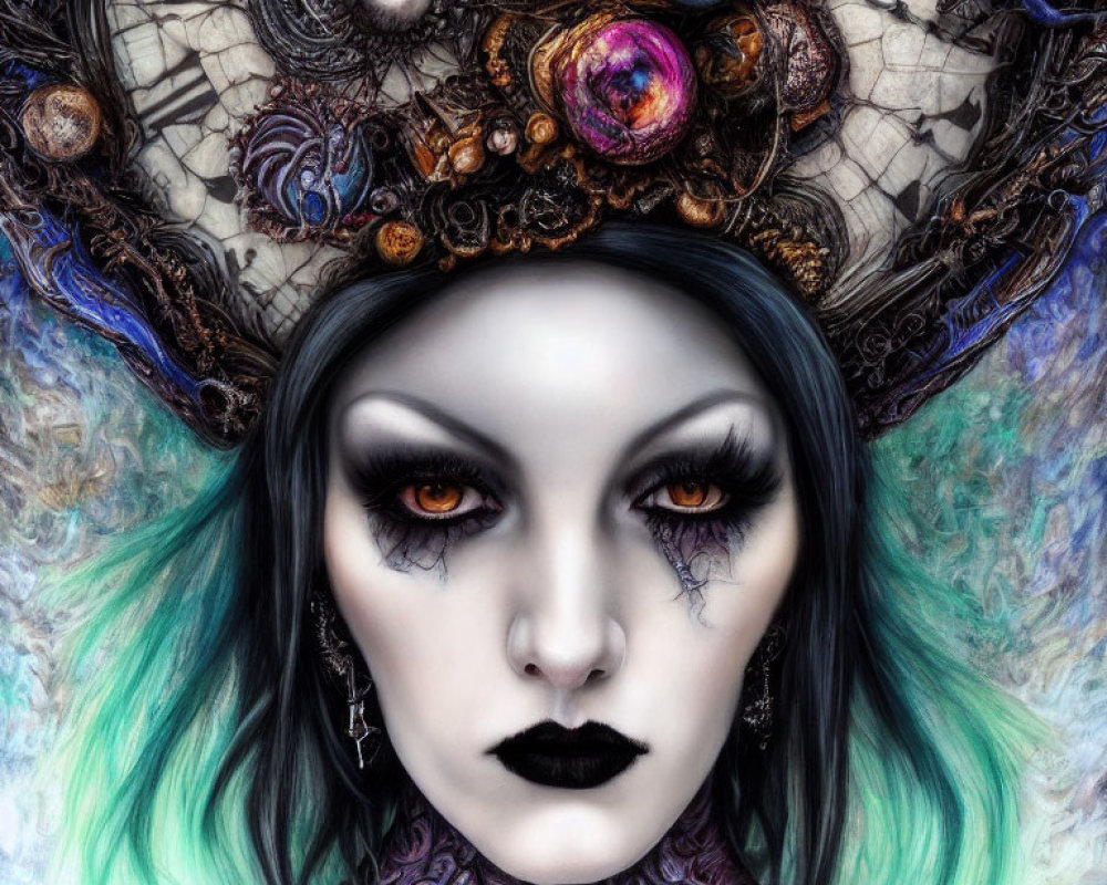 Fantasy portrait of woman with pale skin, amber eyes, teal hair, and cosmic headdress.