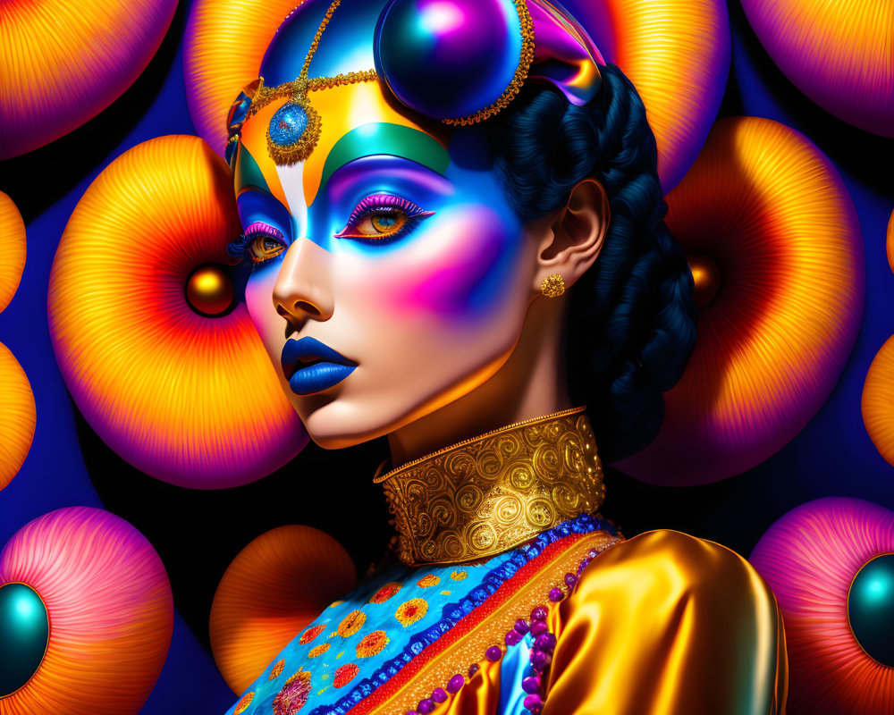 Colorful digital artwork: Woman with blue and purple makeup and golden jewelry in front of abstract orbs