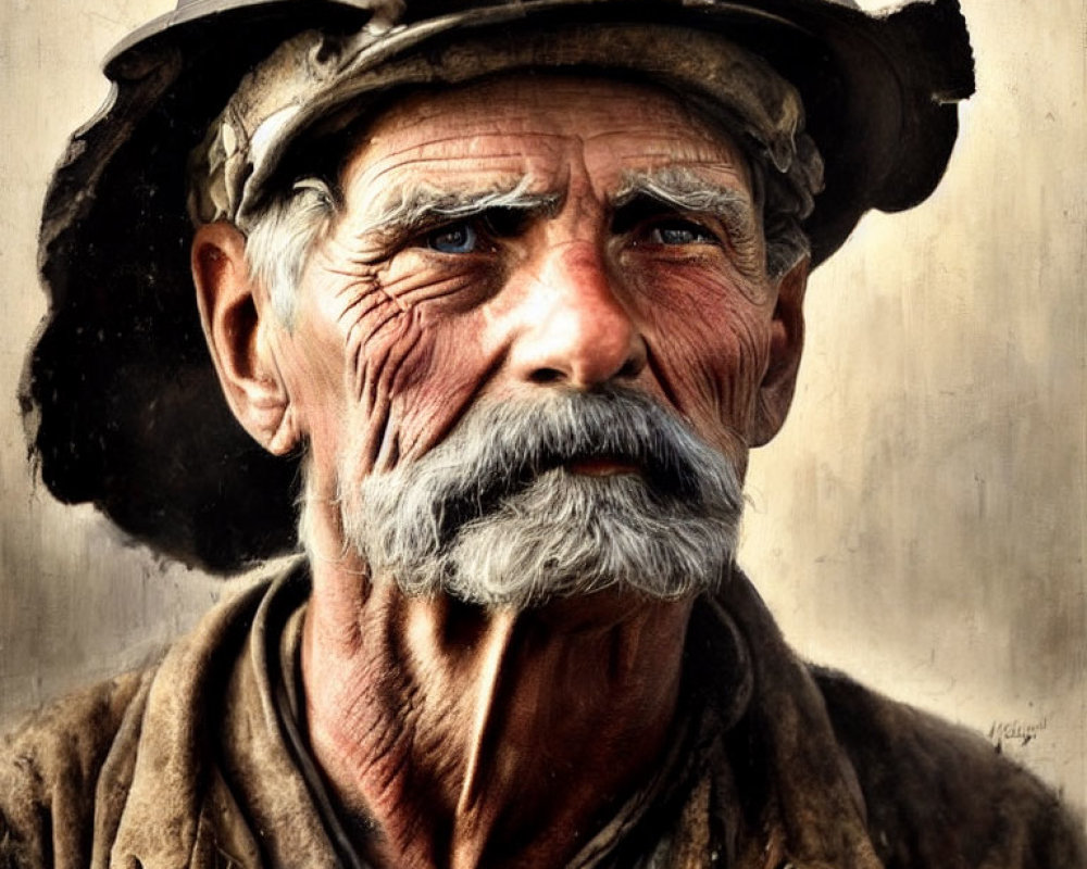 Elder man with weathered face and grey mustache in work clothes and helmet