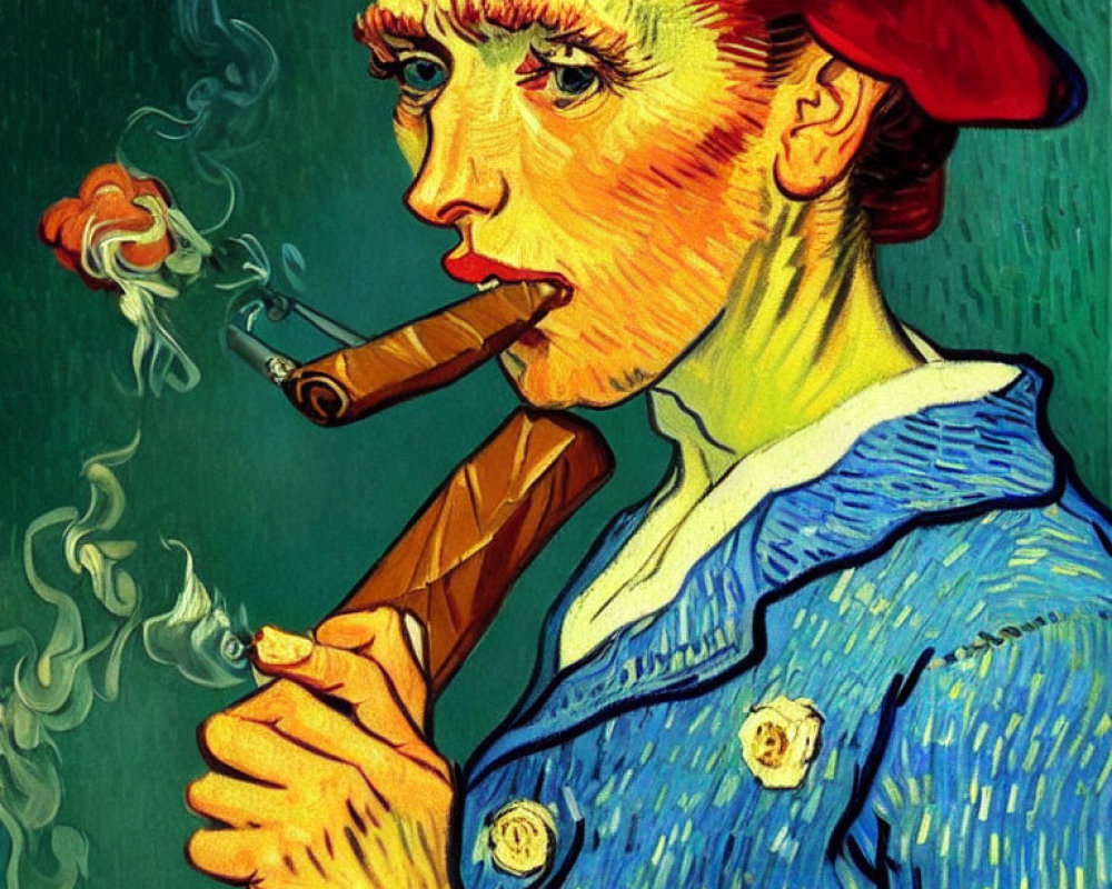 Person with red hat smoking two cigars in Van Gogh-style artwork