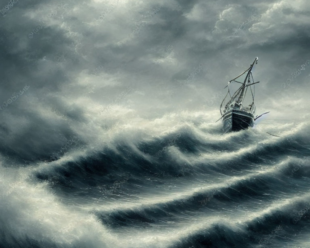 Stormy sky over lone ship battling tumultuous waves