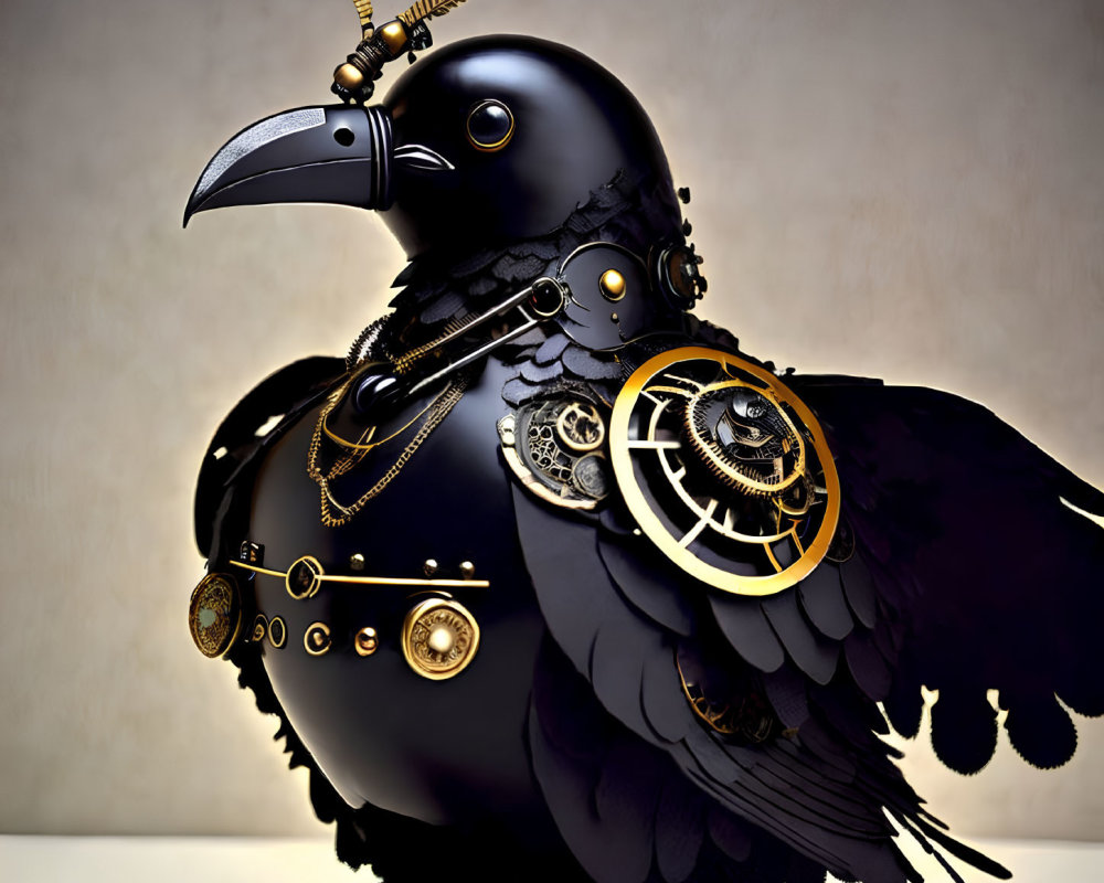 Steampunk Raven Sculpture with Mechanical Parts and Gold Accents